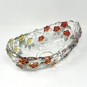 Basket/Boat Shaped Glass Display/Serving Bowl Purple Red/Orange Embossed Flowers